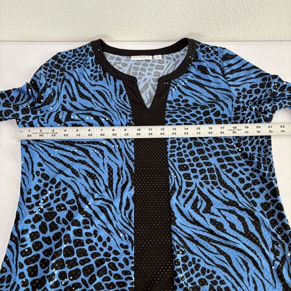 Susan Graver Liquid Knit Tunic Top Size M Blue Animal Print Sparkles 3/4 Sleeve - Picture 10 of 13